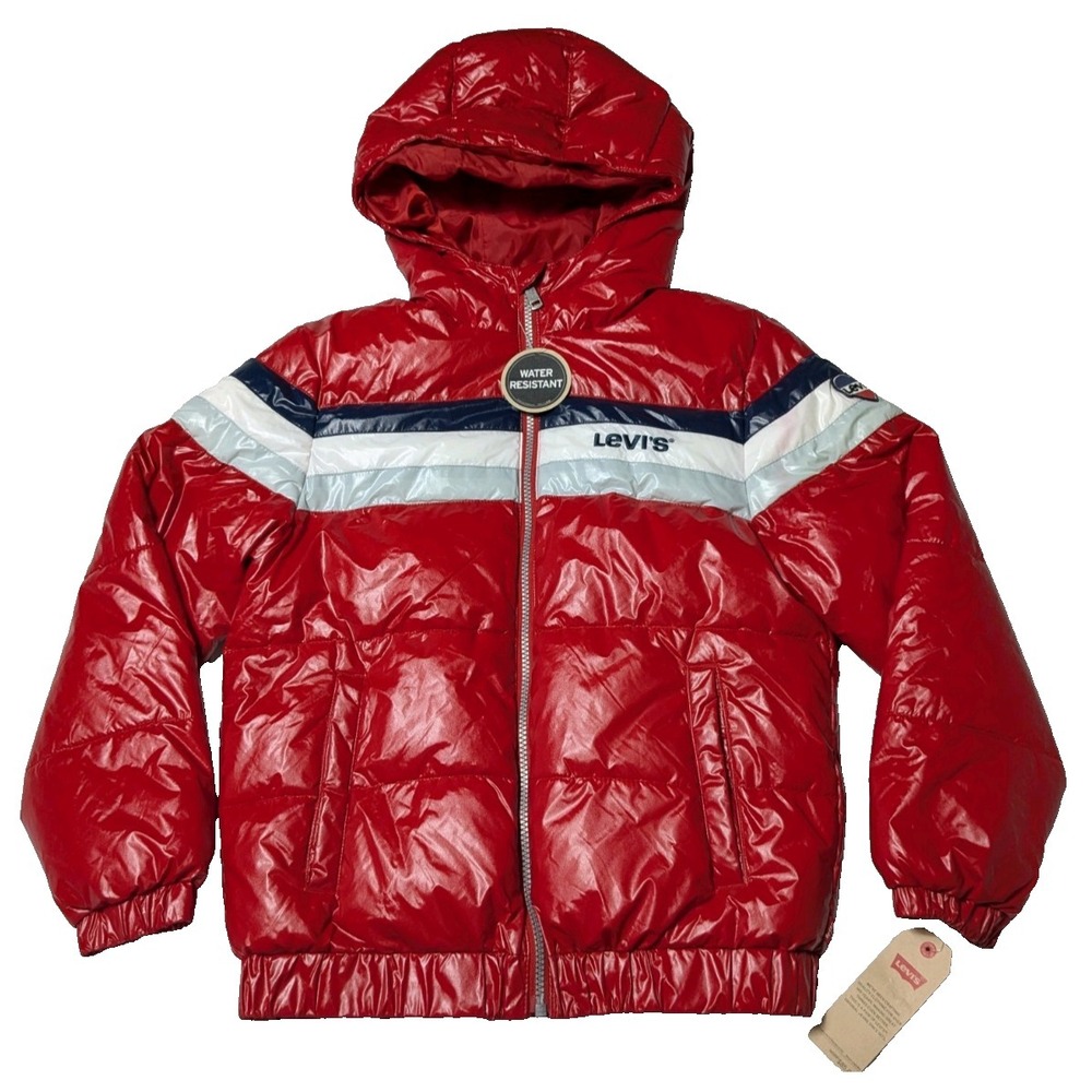 LEVIS Boys Large (12-13 Yrs) Red Nylon Full Zip Hooded Puffer Jacket NEW
